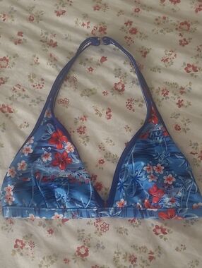Girls Size L Blue Floral Halter Swim Bikini Top